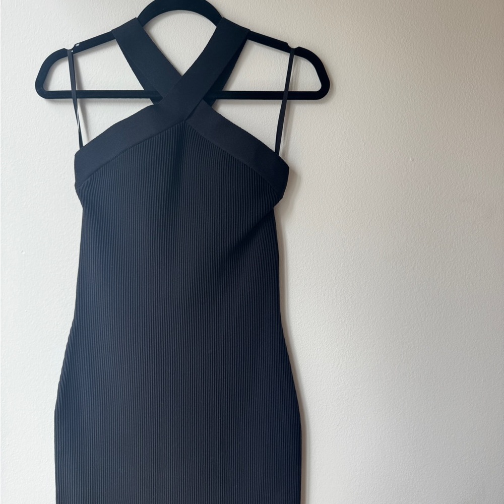 Babaton Black Ribbed Cross Neck Cocktail Dress - Picture 3 of 8